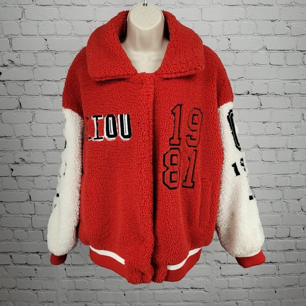 Azalea Wang Red White Sherpa Solo Bomber Retro Varsity Snap Jacket Large L